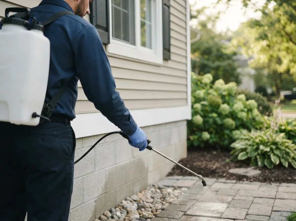 Pest control technician inspecting a home in Champion, NE